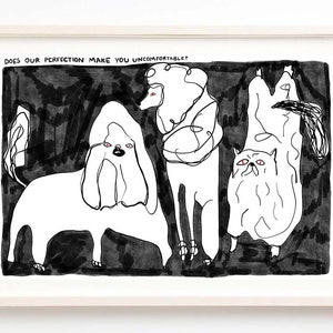 Art, Black and White, Quirky, Humor, Weird, Dogs, Cats, Does Our Perfection Make You Uncomfortable? -Fine Art Print