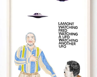 Art, Humor, TV, 70s, Poster, Quirky, Unique Wall Art, Vintage, Lamont Watching Fred Watching a UFO Watching Another UFO- Fine Art Print