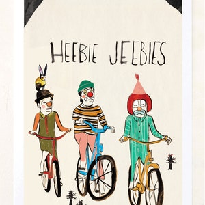 Heebie Jebbies, Arte en bicicleta, Bicicleta, Payasos, Humor, Póster, Arte infantil peculiar, Decoración única para el hogar, Arte asequible, Extraño, Impresión de bellas artes