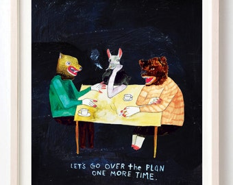 Art, Animals, Bear, Cigarettes, Weird, Quirky, Humor, Unique art, Folk Art, The Plan- Print on Fine Art Paper