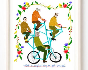 Art, Humor, Animals, Bike, Cycle, Quirky, Bicycle, Unique Wall Art, Colorful, Plants, What a Magical Way to Get Around- Fine Art Print