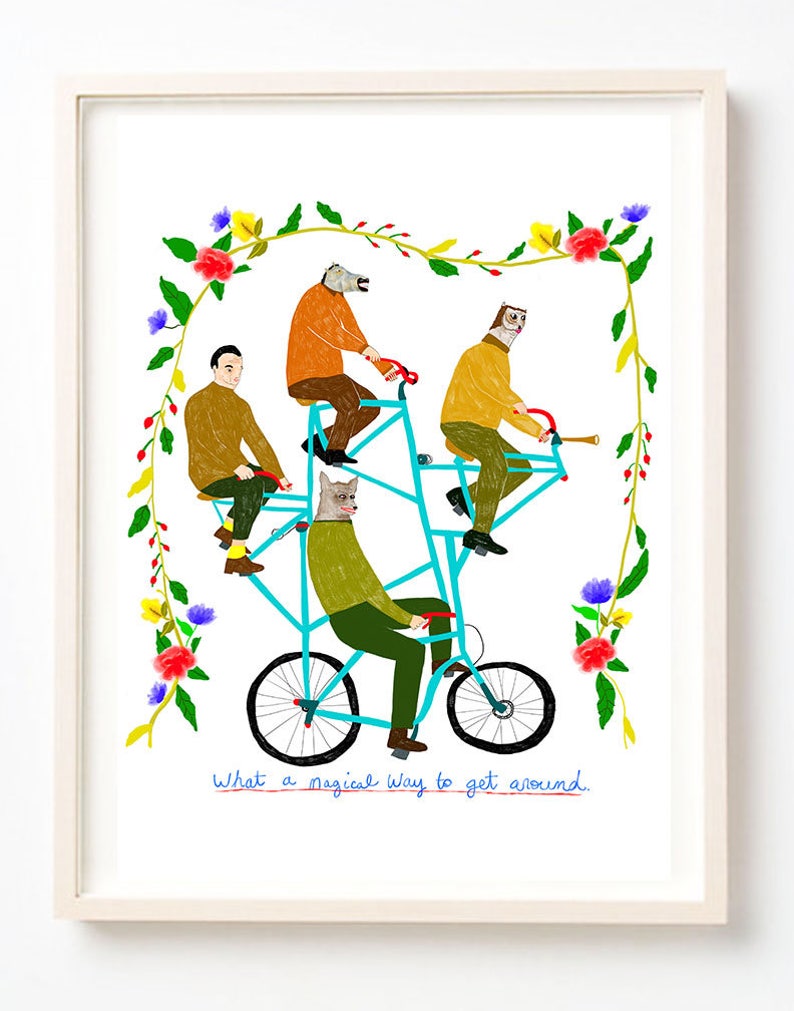 Art, Humor, Animals, Bike, Cycle, Quirky, Bicycle, Unique Wall Art, Colorful, Plants, What a Magical Way to Get Around Fine Art Print image 1