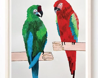 Art, Humor, Music, Unique Wall Art, Parrots, Birds, Quirky, How Nice is Your Cage- Fine Art Print