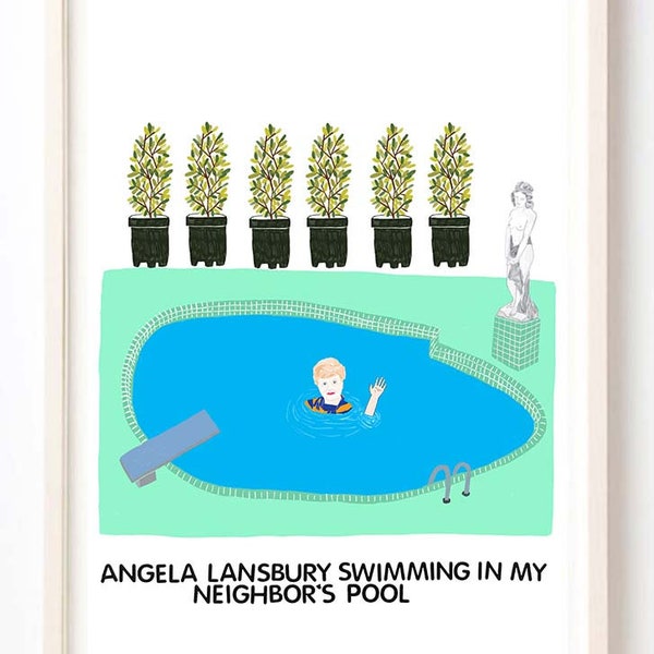 Art, Humor, TV, 80s, Poster, Quirky, Unique Wall Art, Colorful, Angela Lansbury Swimming in My Neighbor's Pool- Fine Art Print