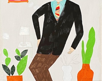 Puede incluir: Una colorida pintura pop art que presenta una figura con un traje negro, pantalones marrones y cabello amarillo, con gafas y una corbata estampada. Un retrato enmarcado de Marilyn Monroe cuelga en la pared. El texto en la parte inferior dice: "I wish I could be Warhol's glasses. The things I would see."