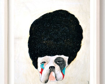 Art, Print, Animals, Dogs, Love, Humor, Folk, Bulldog, Afro, Hair, Poster, Nice Hair- Art Print on Fine Art Paper