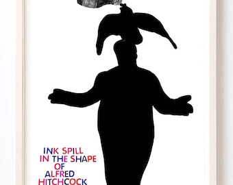 Art, Humor, Film, Black and White, Poster, Quirky, Unique Wall Art, Colorful, Ink Spill in the Shape of Alfred Hitchcock- Fine Art Print