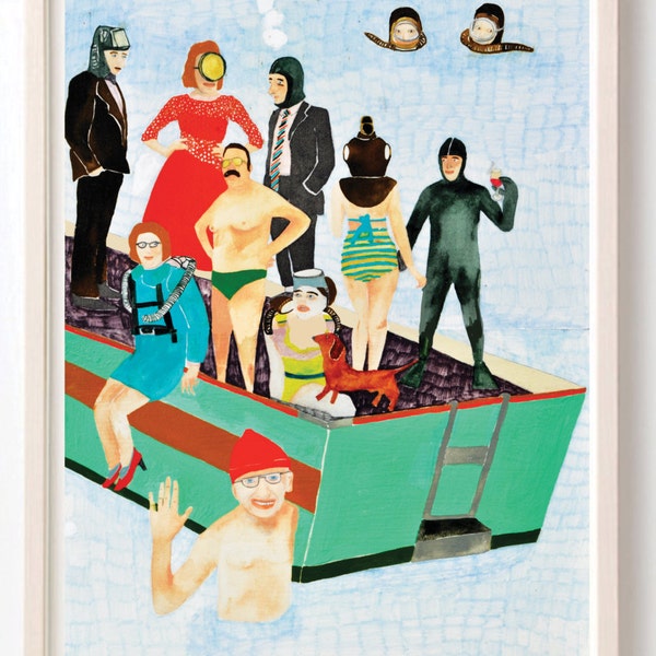 Art, Humor, Vintage,1980, Jacques Cousteau, Quirky, Retro, Boat, Scuba, ocean, Oceanography, Boat Party-  Fine Art Print