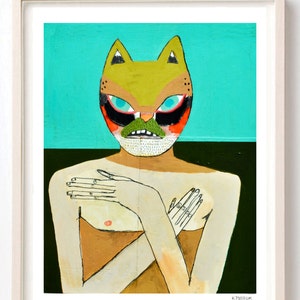 Cat Man Surprised Upon Getting Out of the Shower Print, Animals, Cats, Portrait, Humor, Turquoise, Mask, Folk Art, Print on Fine Art Paper image 1