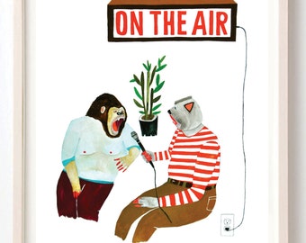 Art, Humor, Vintage, Poster, Animals, Animal mask, Interview, Radio, Quirky, The Interview- Fine Art Print