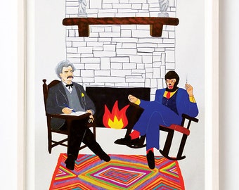 Kunst, humor, dieren, schrijver, eigenzinnige, unieke kunst aan de muur, kleurrijk, boeken, Bill vertelt Mark Twain zijn kant van het verhaal - Fine Art Print