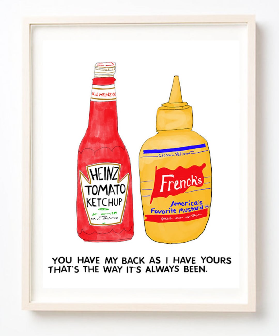 Art, Ketchup, Mustard, Vintage, Humor, Quirky, Fun Wall Art, I Have Your Back Art Print on Paper