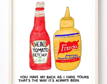 Art, Ketchup, mustard, Vintage, Humor, quirky, Fun wall art,  I Have Your Back- Art Print on Paper