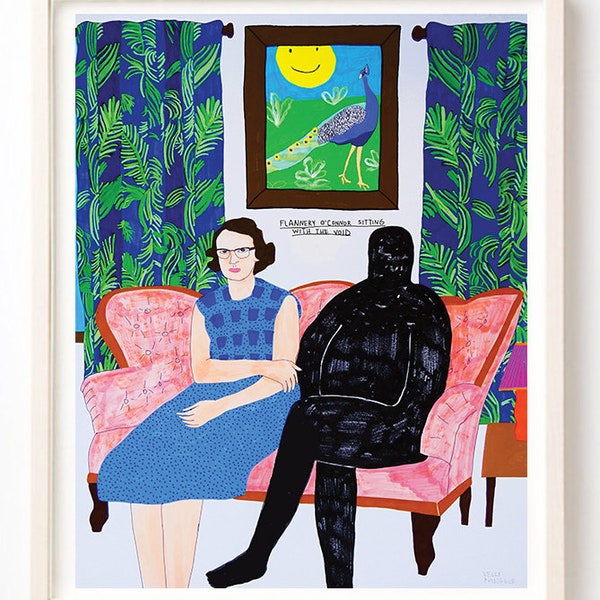 Art, Humor, Writer, Poster, Quirky, Pattern, Unique Wall Art, Colorful, Plants, Flannery O'Connor Sitting With the Void- Fine Art Print