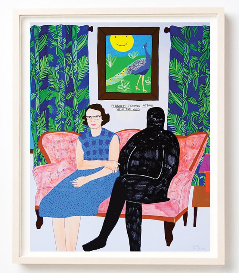 Art, Humor, Writer, Poster, Quirky, Pattern, Unique Wall Art, Colorful, Plants, Flannery O'Connor Sitting With the Void Fine Art Print image 1