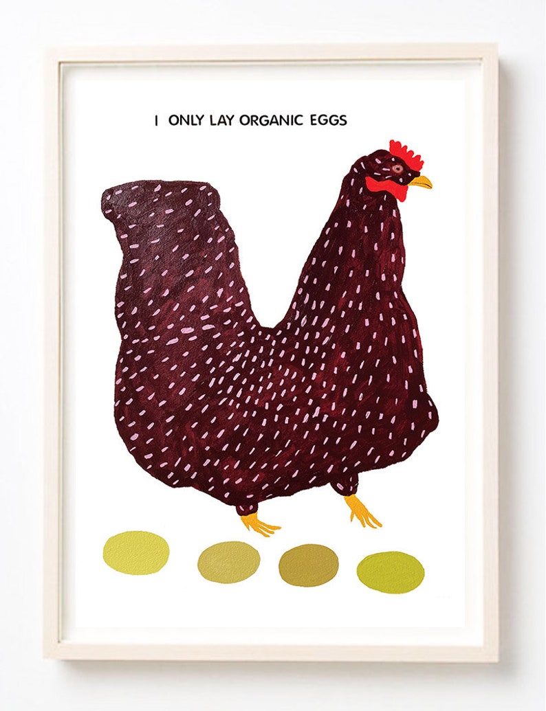 Illustratie, Art Print, Dieren, Voedsel, Eieren, Silly, Eigenzinnig, Humor, Ik Leg alleen biologische eieren Fine Art Print afbeelding 1