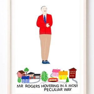 Art, Mr Rogers, Vintage, Humor, quirky, 1970s tv, Fun wall art,  Mr Rogers Floating in a Most Peculiar Way- Art Print on Paper