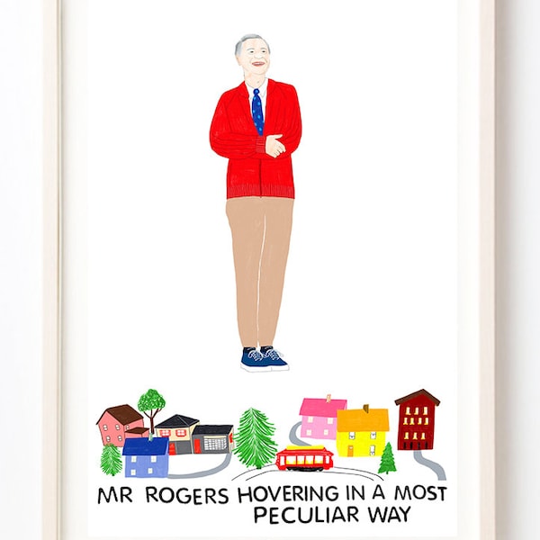 Art, Mr Rogers, Vintage, Humor, quirky, 1970s tv, Fun wall art,  Mr Rogers Floating in a Most Peculiar Way- Art Print on Paper