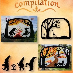 Könnte beinhalten: Eine Sammlung schwarzer Scherenschnitte mit dem Titel Autumn compilation und The Elven Wood. Die Motive zeigen Figuren, Bäume, Pilze, ein Eichhörnchen, einen Rechen und einen Fuchs, teilweise mit herbstlichem Laub im Hintergrund.