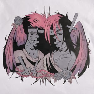 May include: A graphic illustration of two figures with pink hair and angel wings. Each figure has a cross and a rose. One figure has a crown of thorns. The artwork is in shades of grey, pink, and black on a white background.