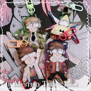 Mystery Trio + Bill!! ||Acrylic Charms - Gravity Falls, Fiddleford, Stanford, Stanley, Bill Cipher||
