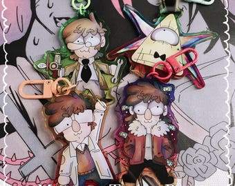 Mystery Trio + Bill!! ||Acrylic Charms - Gravity Falls, Fiddleford, Stanford, Stanley, Bill Cipher||