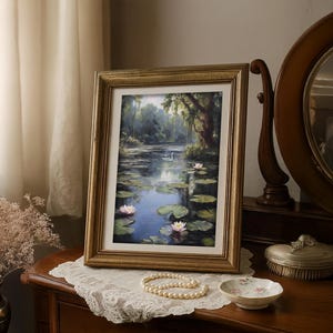 Lily Pond Oil Painting: Swan, Forest, Elegant Nature Art (Digital Download