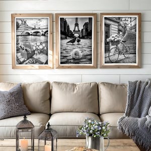 Postais de Paris conjunto de três fotos em preto e branco fotografias impressões fotos pôsteres galeria parede Torre Eiffel Louvre Sena Ponte