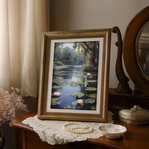 THE POND REMEMBERS oil painting lily pads pond forest trees swan lilies flowers pink green blue woods elegant picture nature landscape