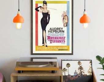 Breakfast at Tiffany's Movie Poster with Audrey Hepburn: Retro Chic Colorful Wall Decor
