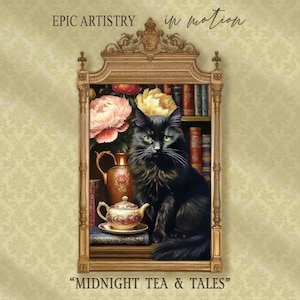 May include: An artistic illustration featuring a black cat with green eyes, seated within a decorative frame. The frame showcases a bookshelf, flowers, and a teapot set. The text "MIDNIGHT TEA & TALES" is at the bottom.