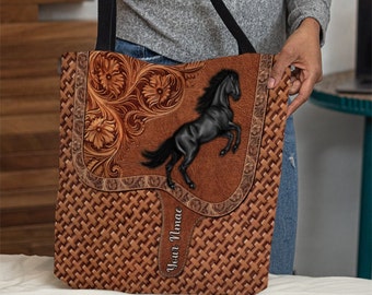 Personalized Dark Horses Tote Bag, Black Horse Lovers Handbag, Cowgirl Bag, Cowgirl Gift Tote, Horses Handbag, Horse Christmas Gift JNG81215