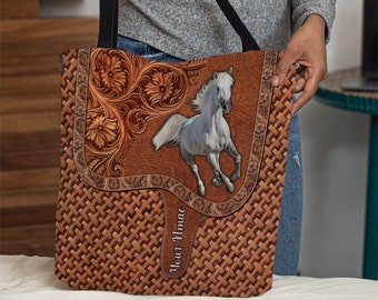 Personalized White Horses Tote Bag, White Horse Lovers Handbag, Cowgirl Bag, Cowgirl Gift Tote, Horse Handbag, Horse Christmas Gift JNG81215
