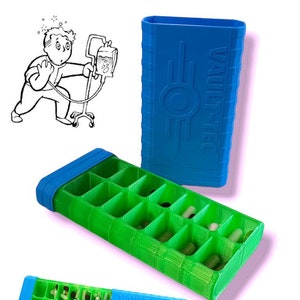 May include: A green and blue pill organiser with the text "VAULT-TEC" and a logo. The organiser is rectangular with multiple compartments, some filled with pills. A blue lid is next to the organiser. A cartoon image of a person is in the upper left corner.