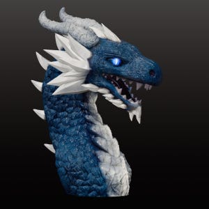 May include: A blue and white dragon head sculpture with sharp teeth and glowing blue eyes. The dragon's scales are detailed and textured.