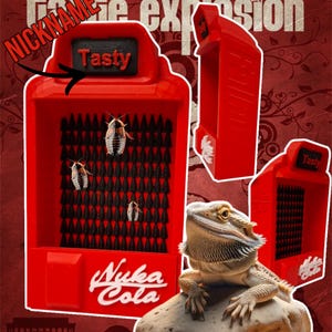May include: Red and black vending machine with a Nuka Cola logo and the words "Tasty" and "Nickname Expression". A bearded dragon lizard is sitting in front of the vending machine.