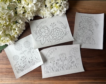 Large Florals Stick and Stitch pack / pattern transfer patch / peel and stick embroidery pattern / 4 hand drawn designs