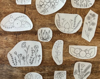 Small flowers Stick and Stitch pack / pattern transfer patch / peel and stick embroidery pattern / 13 hand drawn designs