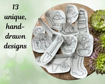 May include: A collection of 13 unique, hand-drawn garden-themed designs. The designs include a watering can, gardening gloves, a snail, a shovel, a wheelbarrow, and flower pots. The designs are in black and white.