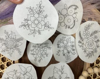 Flower Arrangement Stick and Stitch pack / pattern transfer patch / peel and stick embroidery pattern / 8 hand drawn designs