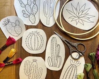 Cactus Stick and Stitch pack / pattern transfer patch / peel and stick embroidery pattern / 8 hand drawn designs