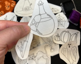 Halloween Stick and Stitch Hand Embroidery Templates: 17 Hand Drawn Designs