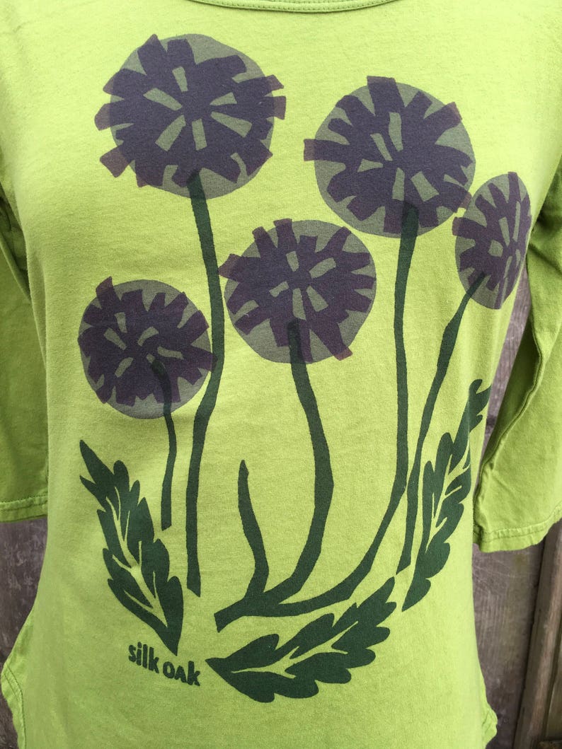 Women's 3/4 Sleeve Scoop Neck Purple Flowers on a Lime Green Tunic Tee image 7