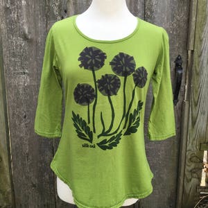 Women's 3/4 Sleeve Scoop Neck Purple Flowers on a Lime Green Tunic Tee image 2