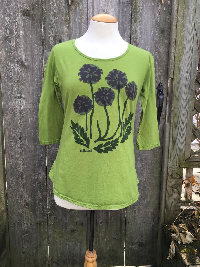 Women's 3/4 Sleeve Scoop Neck Purple Flowers on a Lime Green Tunic Tee image 4