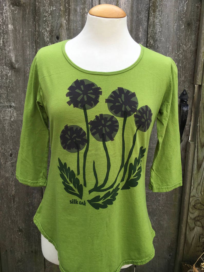 Women's 3/4 Sleeve Scoop Neck Purple Flowers on a Lime Green Tunic Tee image 5