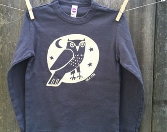 Woodland Grey Owl Hand Sérigraphié Kid Long Sleeve Tee Tailles 2, 4, 6, 8, 10, 12