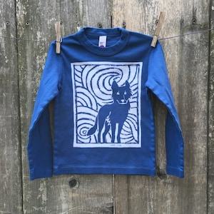 Midnight Wolf donkerblauw kinder T-shirt met lange mouwen, maten 4, 6, 8, 10 en 12