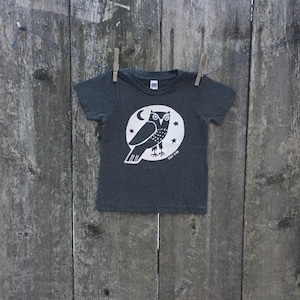 May include: Dark gray t-shirt with a white owl design inside a white circle with a crescent moon and stars. The shirt is hanging on a clothesline with wooden clothespins against a weathered wooden fence.