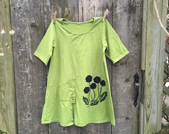 Women's Slant Pocket Tunic Lime Green with Purple Dandelions